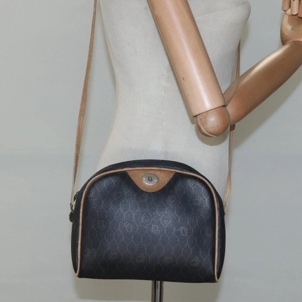 Christian Dior Honeycomb Canvas Shoulder Bag PVC Leather Black Auth